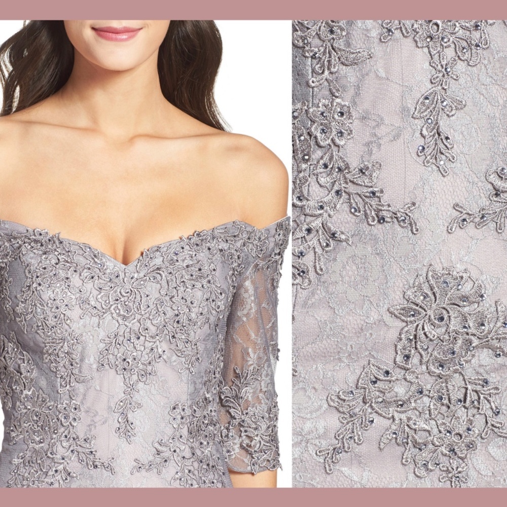 NEW $598 LA FEMME [‎ 4 ] Off the Shoulder Lace Mermaid Gown in Grey/Pink - Picture 2 of 12